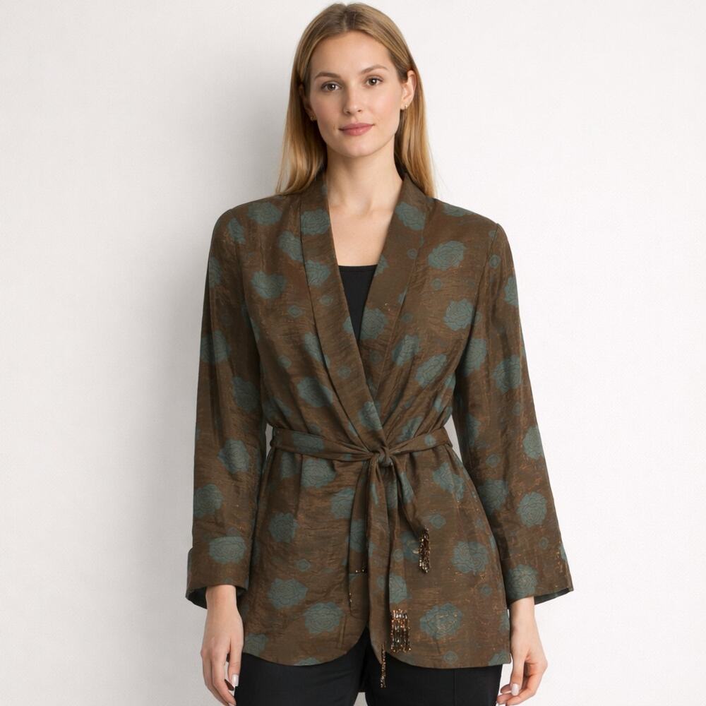 Vintage‎ JM by Shelli Segal Brown Teal Floral Tie Waist Jacket Size S